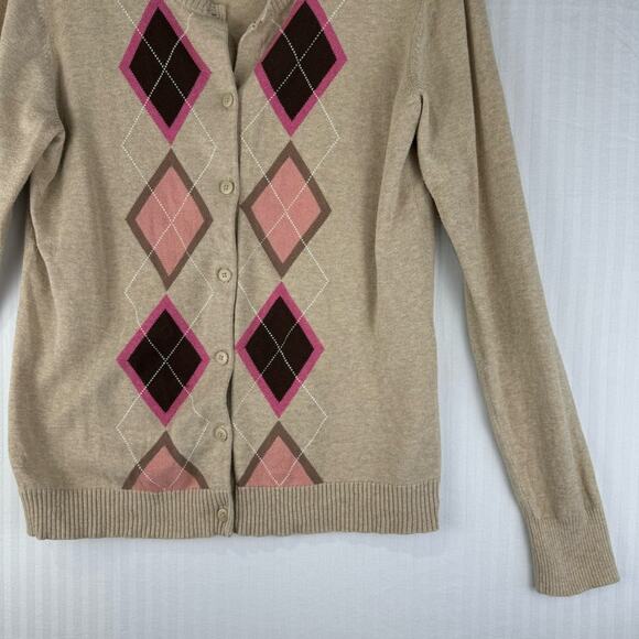 Cherokee Button Up Cardigan Tan Knit Sweater Women Size Large Pink Argyle Print - Picture 2 of 10